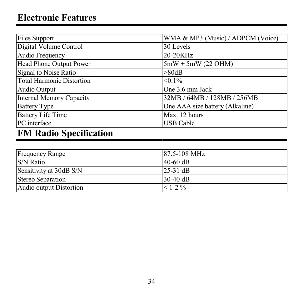 Electronic features, Fm radio specification | Hyundai H-F2561 User Manual | Page 34 / 78