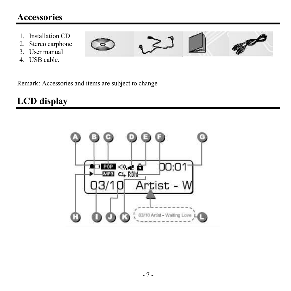 Accessories, Lcd display | Hyundai H-F2561 User Manual | Page 7 / 78