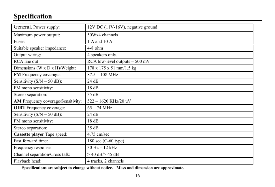 Specification | Hyundai H-CCR8080 User Manual | Page 16 / 32