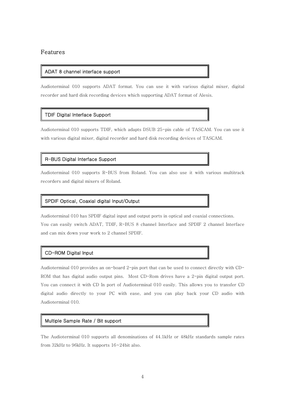 Features | ESI Audioterminal 010 User Manual | Page 3 / 33