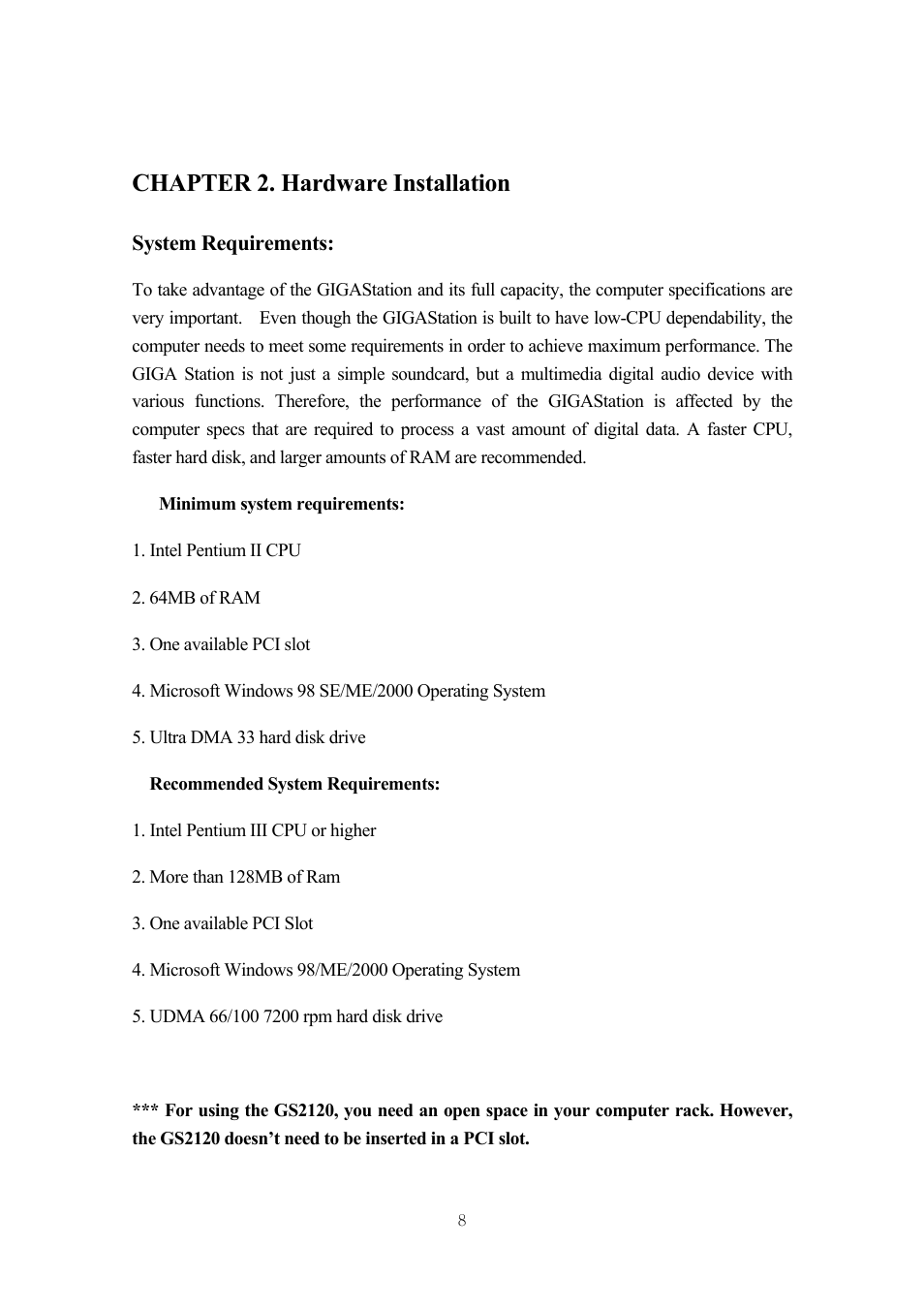 Chapter 2. hardware installation | ESI GigaStation User Manual | Page 9 / 37