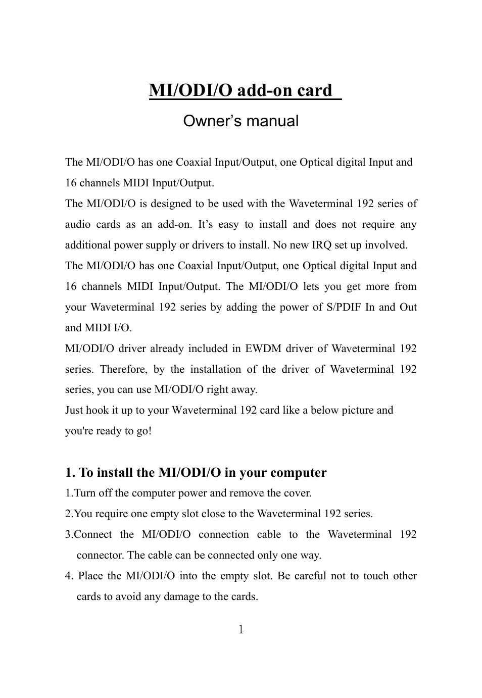 ESI MI/ODI/O User Manual | 4 pages
