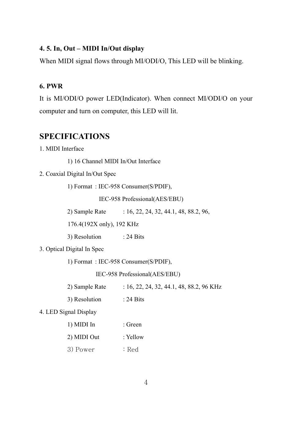 Specifications | ESI MI/ODI/O User Manual | Page 4 / 4