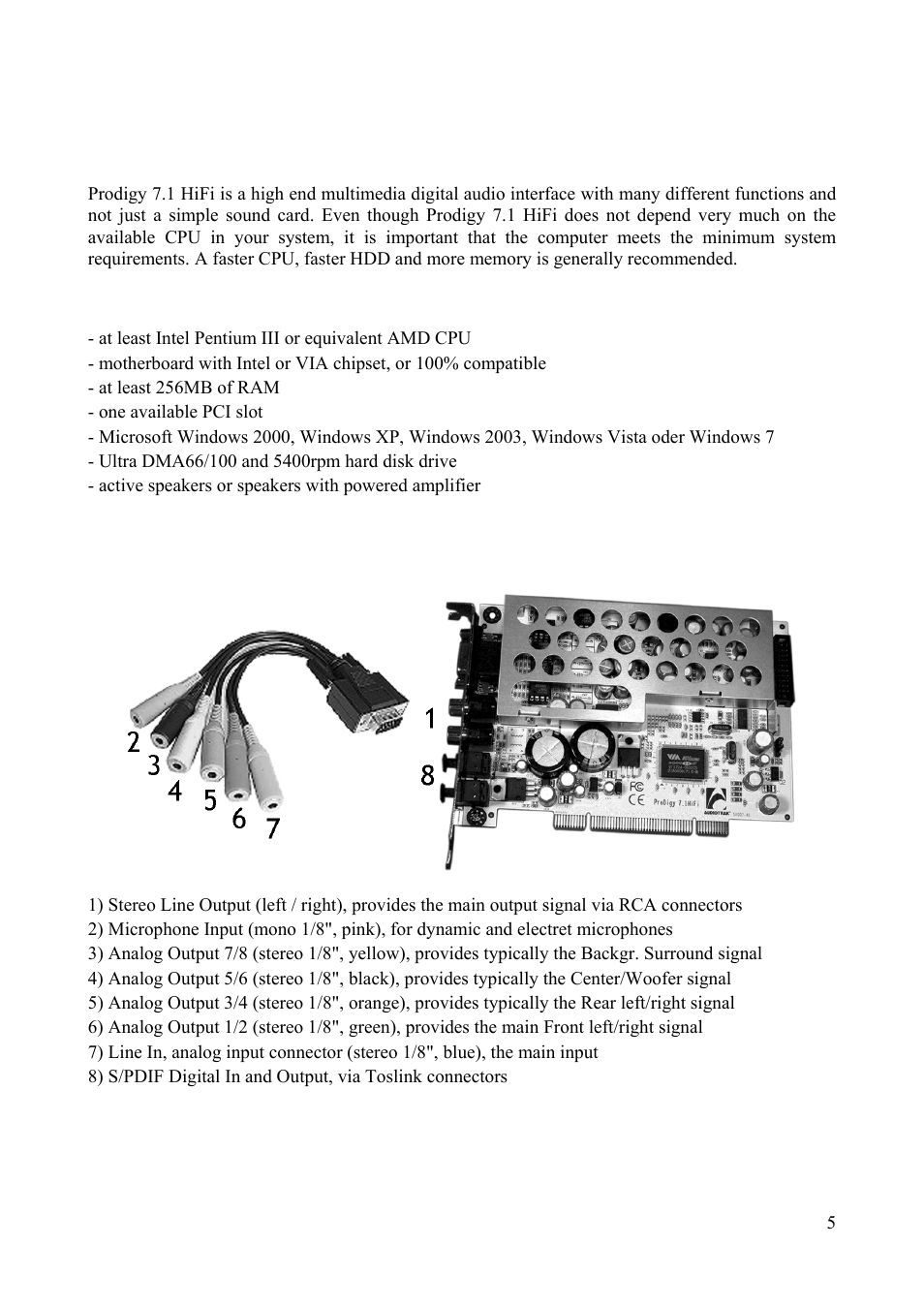 System requirements, Connectors | ESI Prodigy 7.1 HiFi User Manual | Page 5 / 21