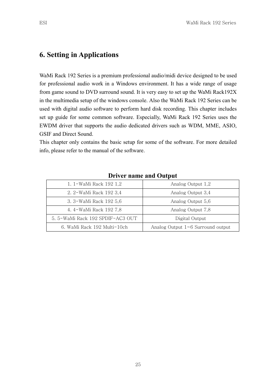 Setting in applications, Driver name and output | ESI WaMi Rack 192L User Manual | Page 24 / 43