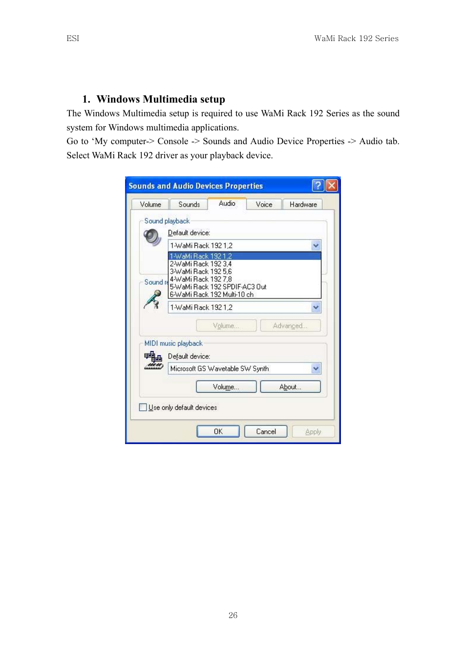 Windows multimedia setup | ESI WaMi Rack 192L User Manual | Page 25 / 43
