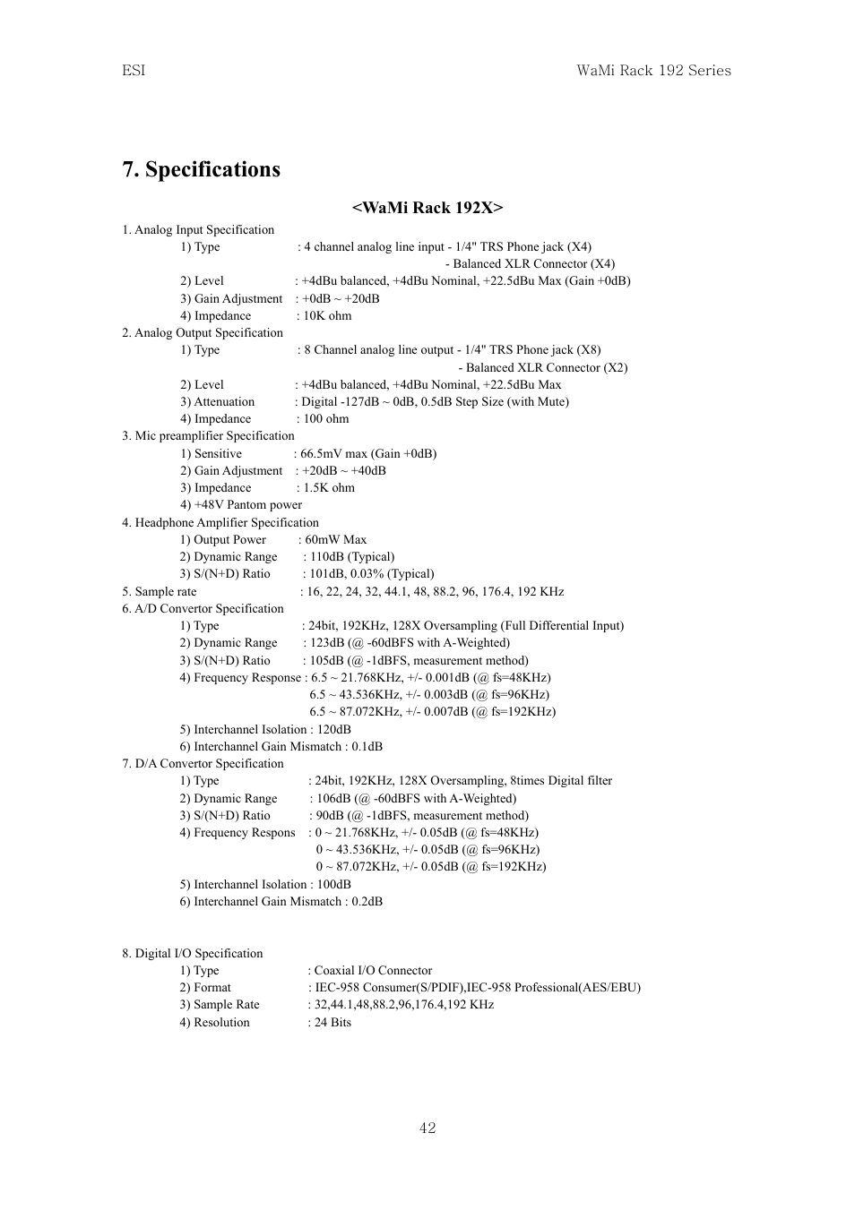 Specifications, Wami rack 192x | ESI WaMi Rack 192L User Manual | Page 41 / 43
