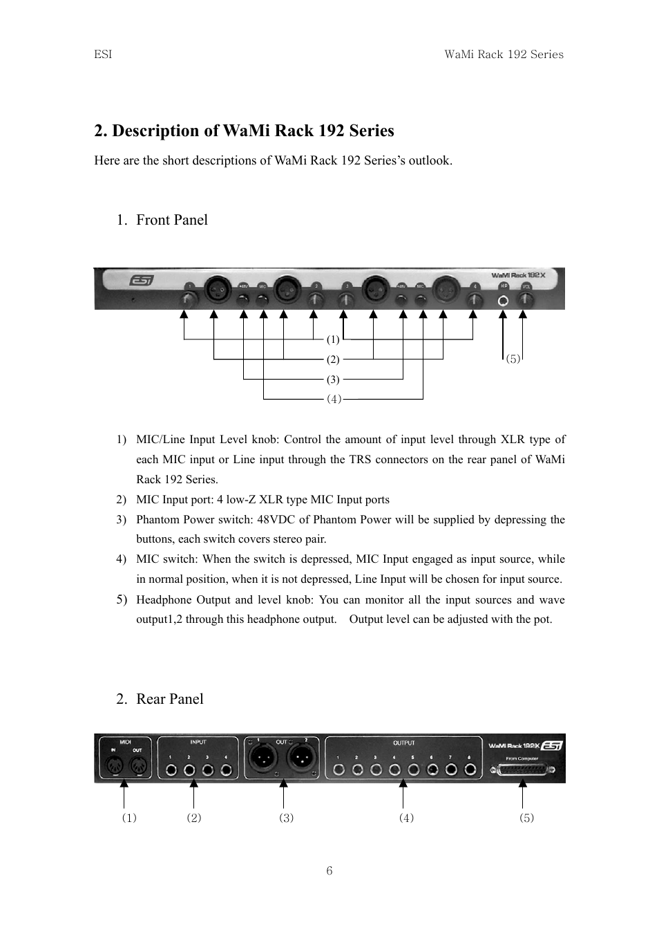 Description of wami rack 192 series, Front panel, Rear panel | ESI WaMi Rack 192L User Manual | Page 5 / 43