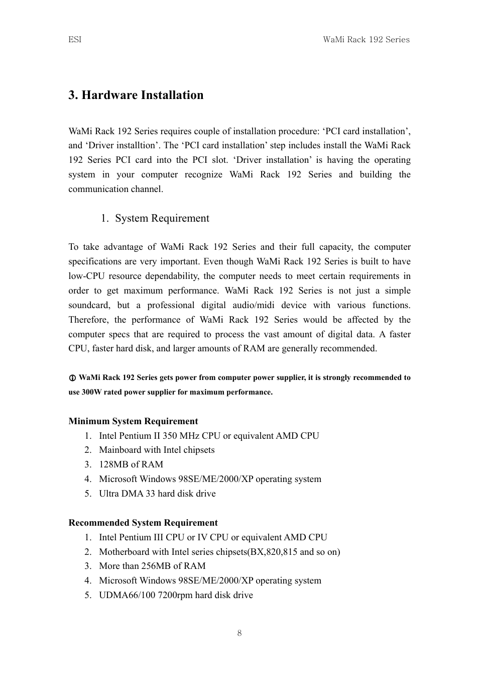Hardware installation, System requirement | ESI WaMi Rack 192L User Manual | Page 7 / 43