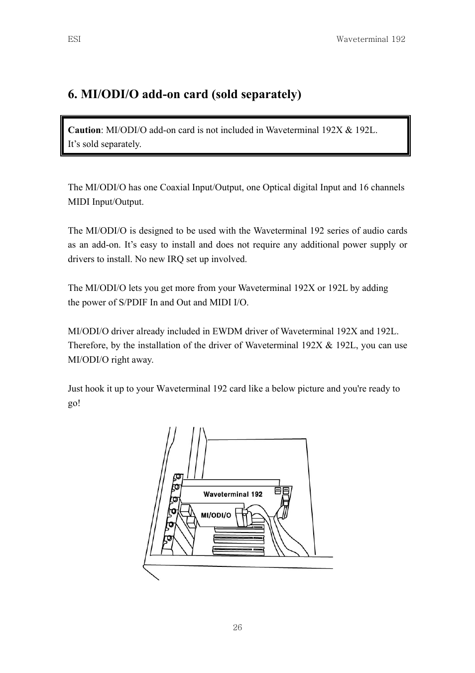 Mi/odi/o add-on card (sold separately) | ESI Waveterminal 192L User Manual | Page 25 / 54
