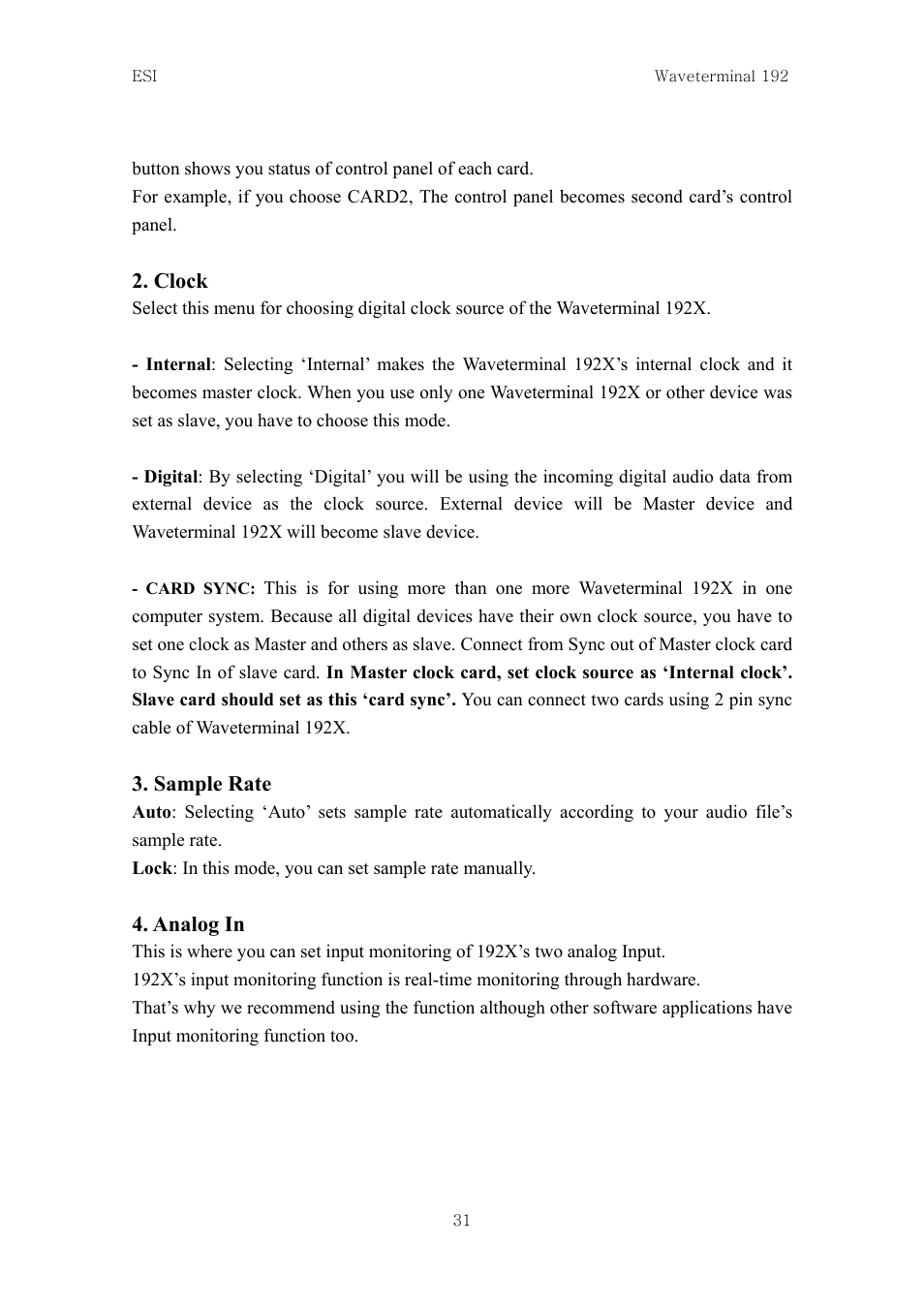 Clock, Sample rate, Analog in | ESI Waveterminal 192L User Manual | Page 30 / 54