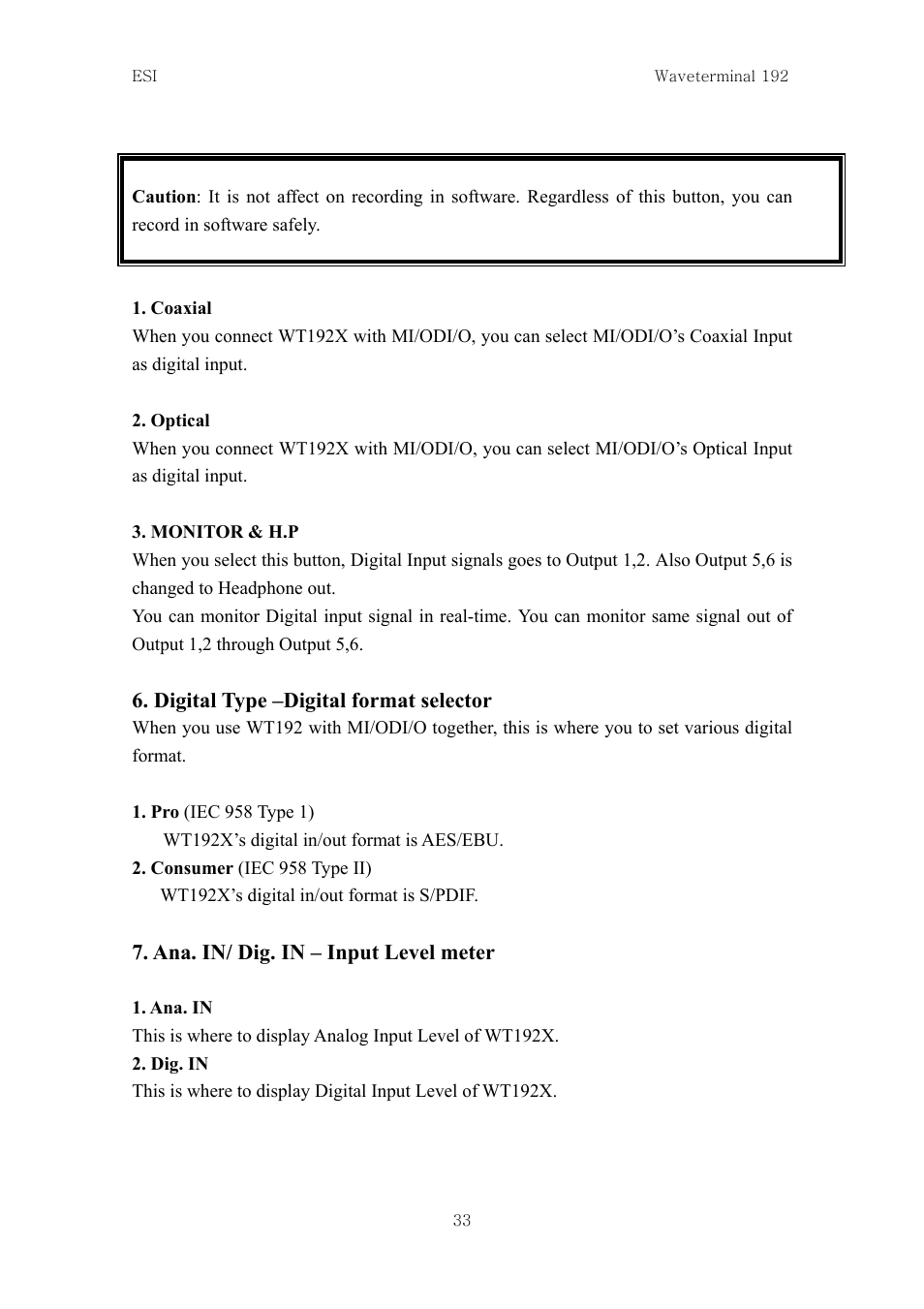 Digital type –digital format selector, Ana. in/ dig. in – input level meter | ESI Waveterminal 192L User Manual | Page 32 / 54