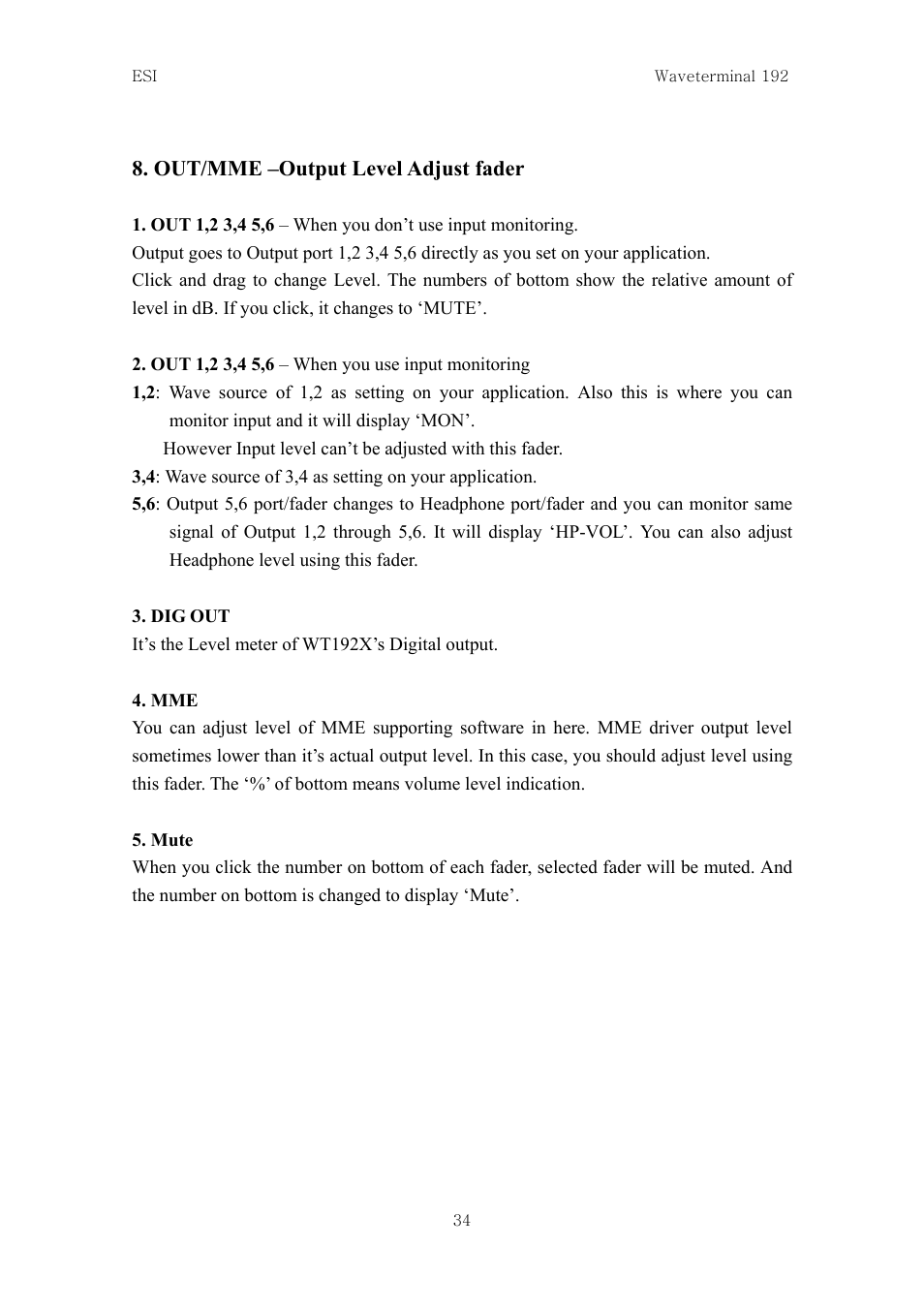 Out/mme –output level adjust fader | ESI Waveterminal 192L User Manual | Page 33 / 54