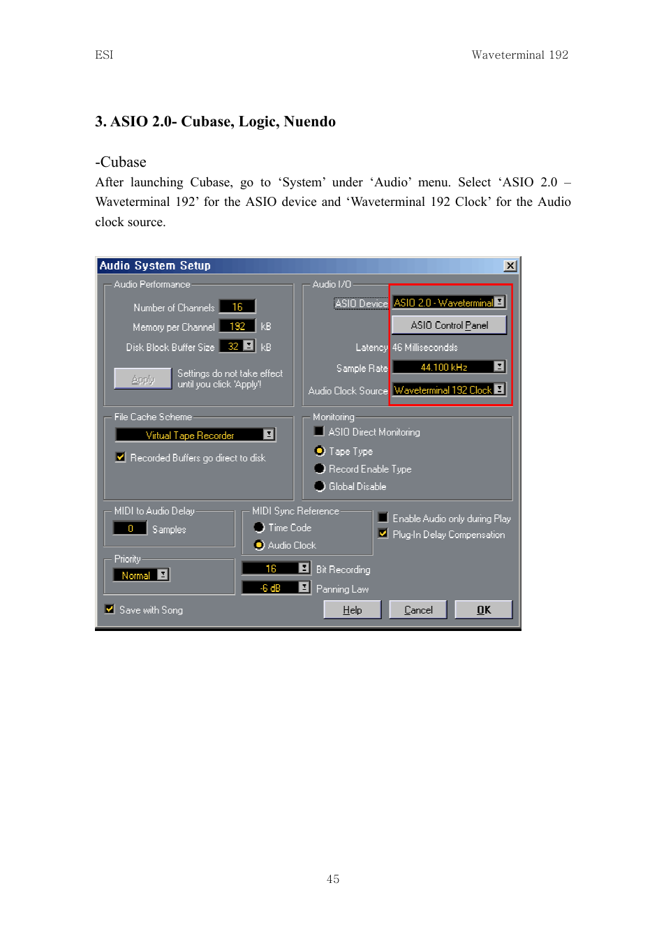 Asio 2.0- cubase, logic, nuendo -cubase | ESI Waveterminal 192L User Manual | Page 44 / 54