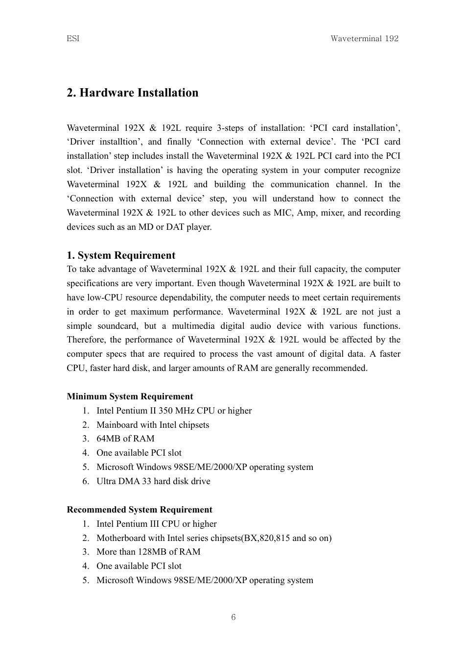 Hardware installation | ESI Waveterminal 192L User Manual | Page 5 / 54