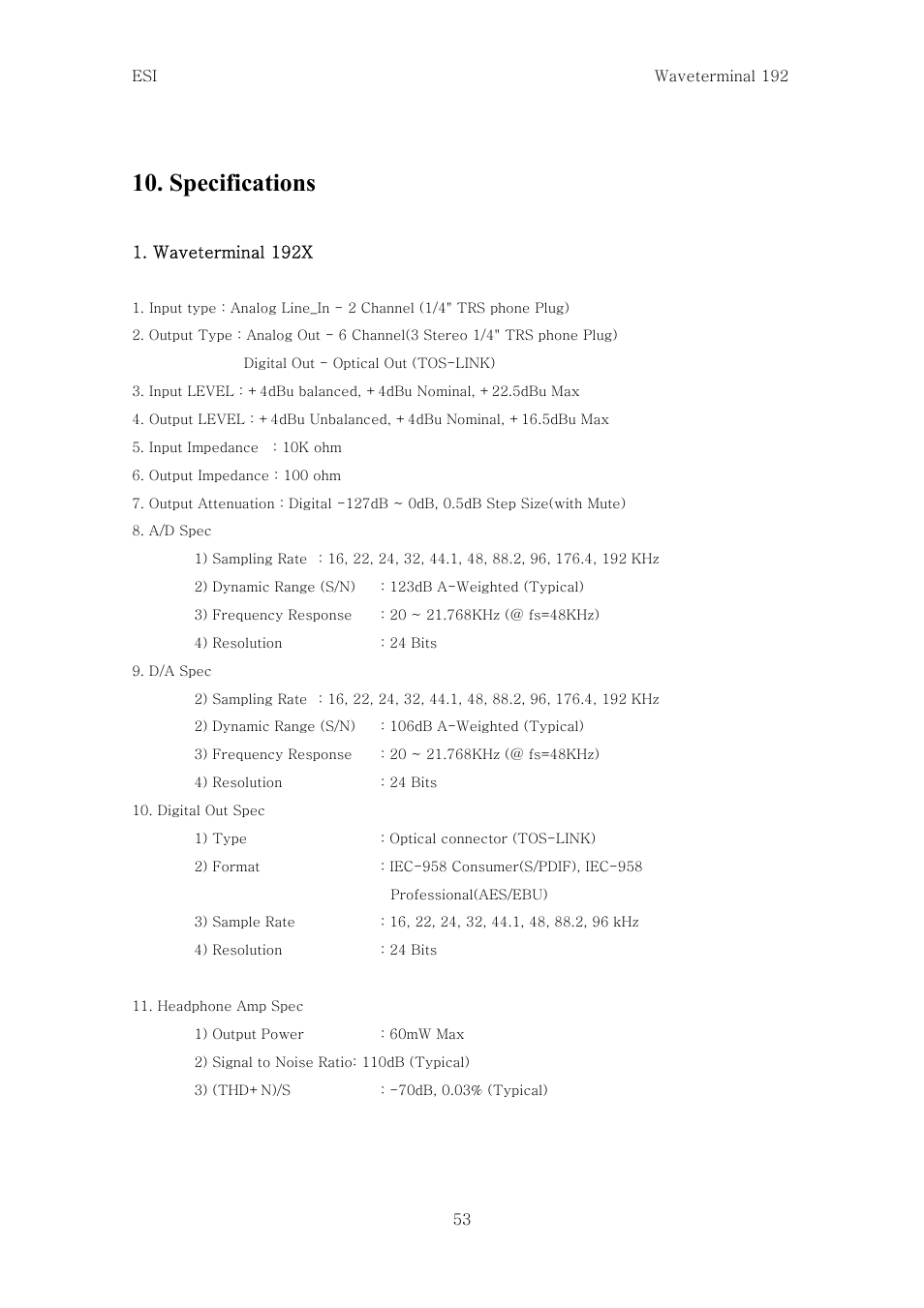 Specifications | ESI Waveterminal 192L User Manual | Page 52 / 54