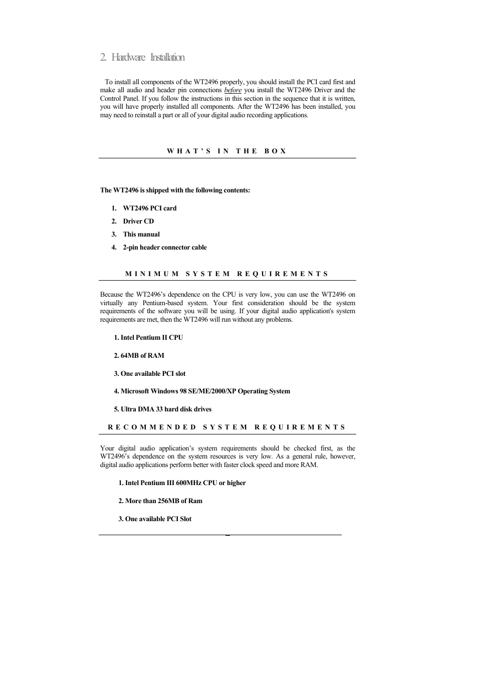 Hardware installation | ESI Waveterminal 2496 User Manual | Page 4 / 38