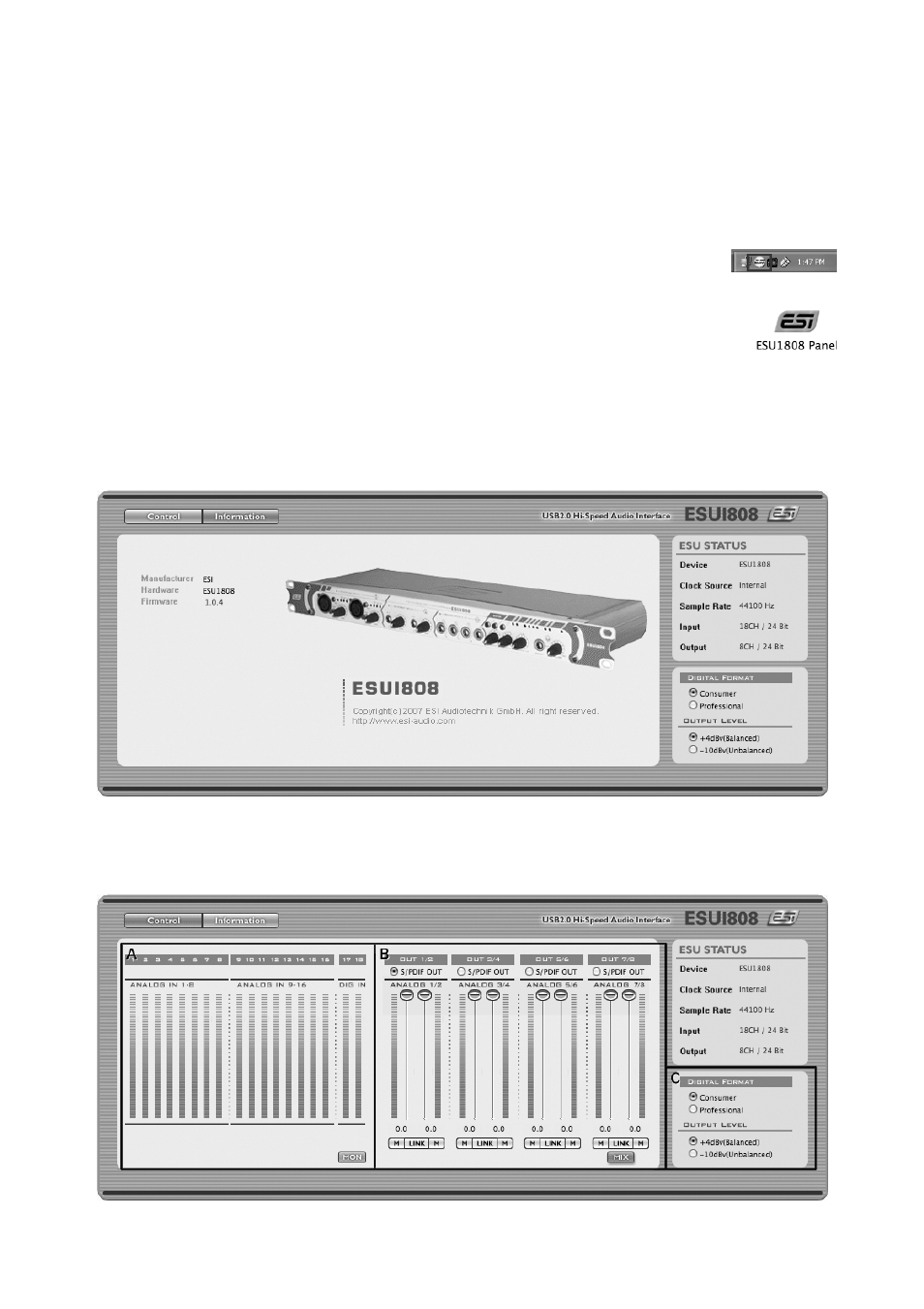 Esu1808 control panel, 1 information tab, 2 control tab | ESI ESU1808 User Manual | Page 13 / 23