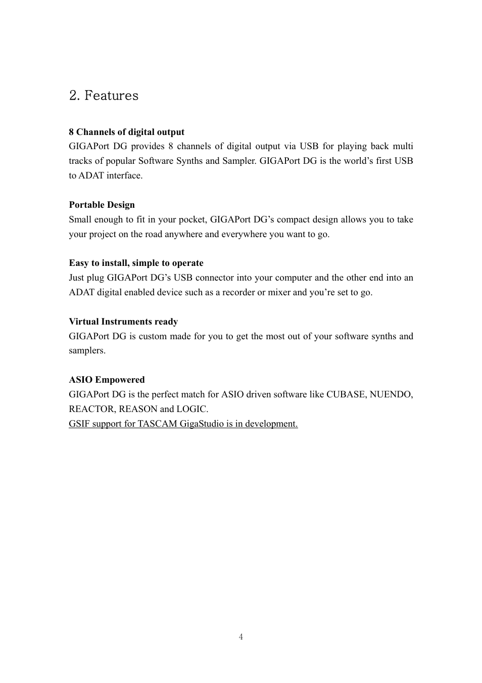 Features | ESI GIGAPort DG User Manual | Page 4 / 28
