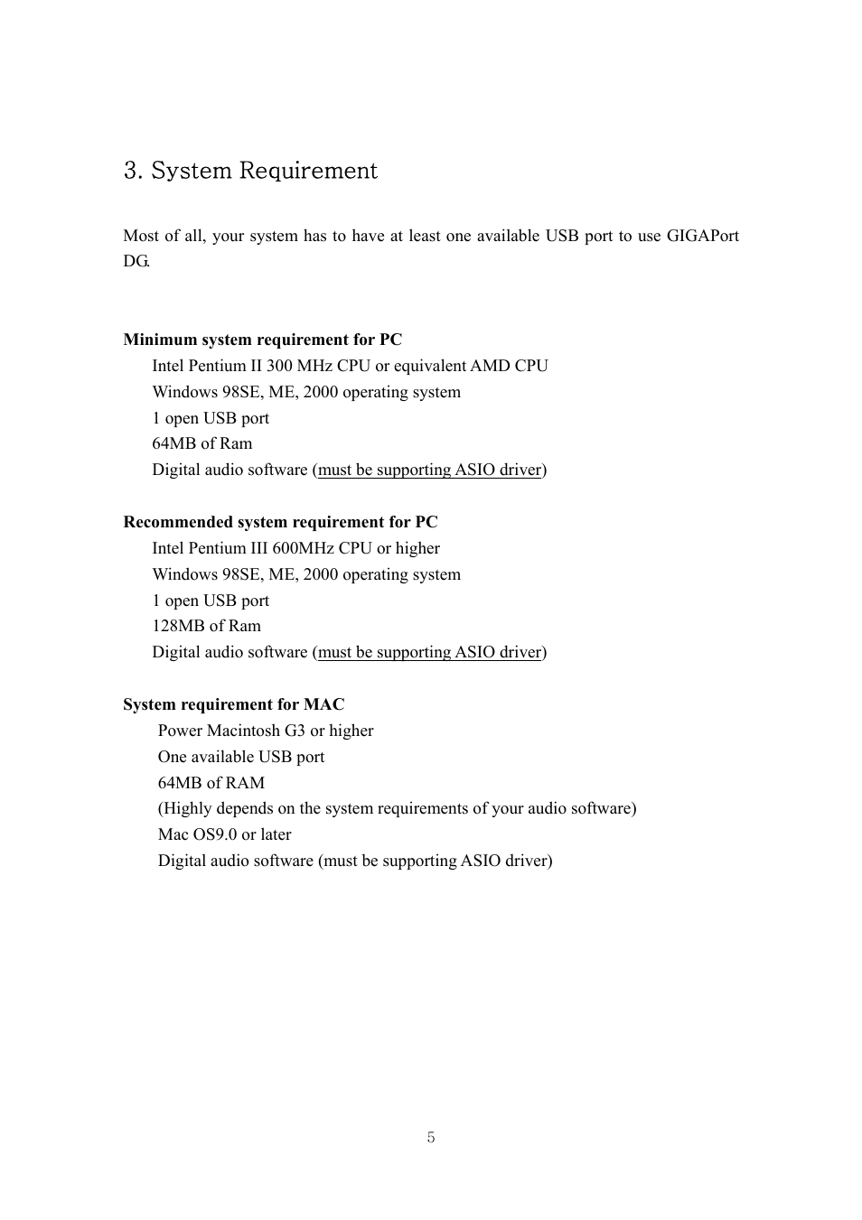 System requirement | ESI GIGAPort DG User Manual | Page 5 / 28