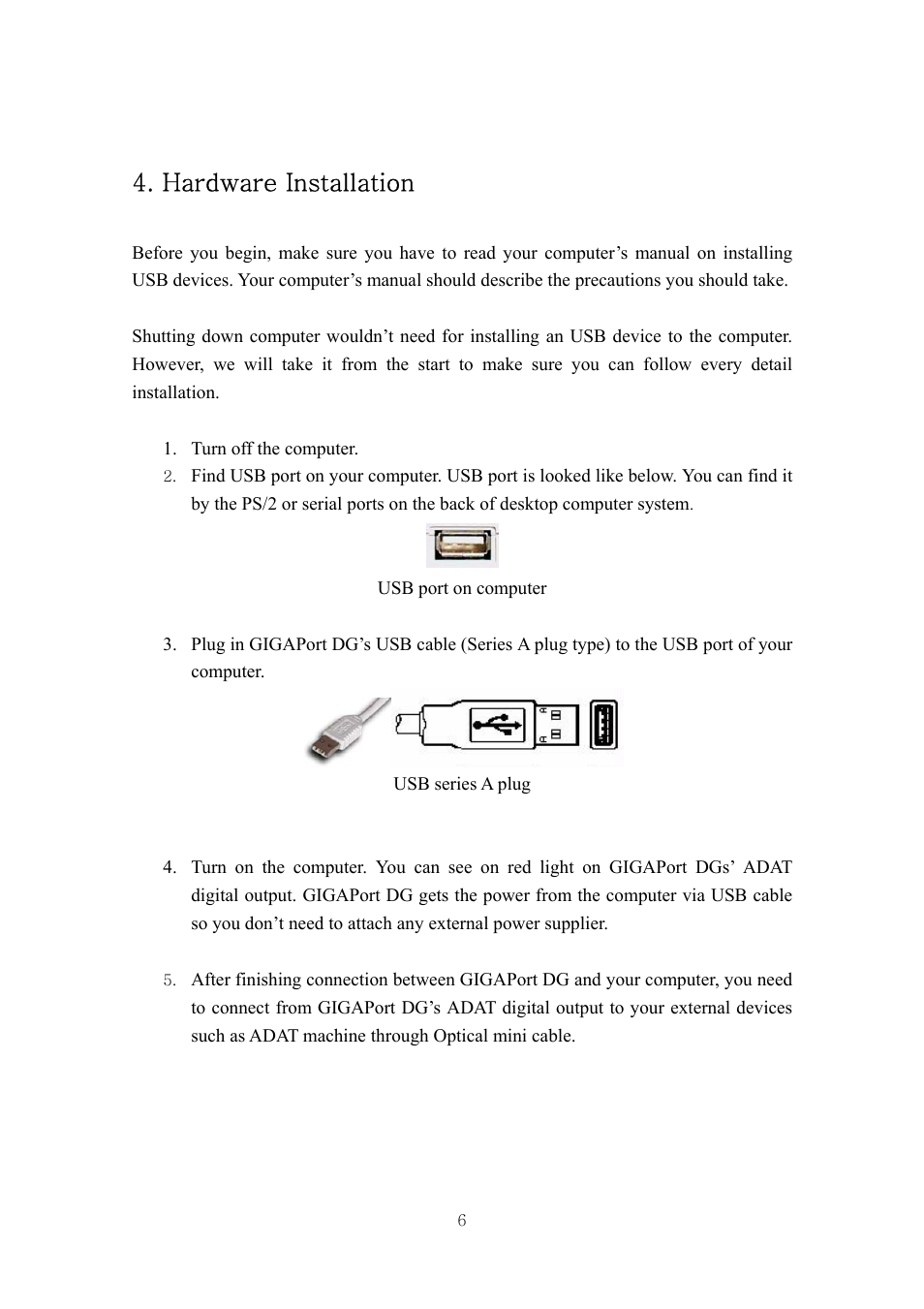 Hardware installation | ESI GIGAPort DG User Manual | Page 6 / 28