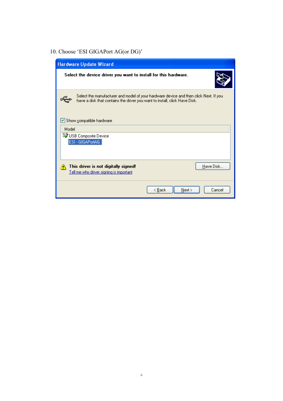 Choose ‘esi gigaport ag(or dg) | ESI GIGAPort DG Installation User Manual | Page 6 / 13