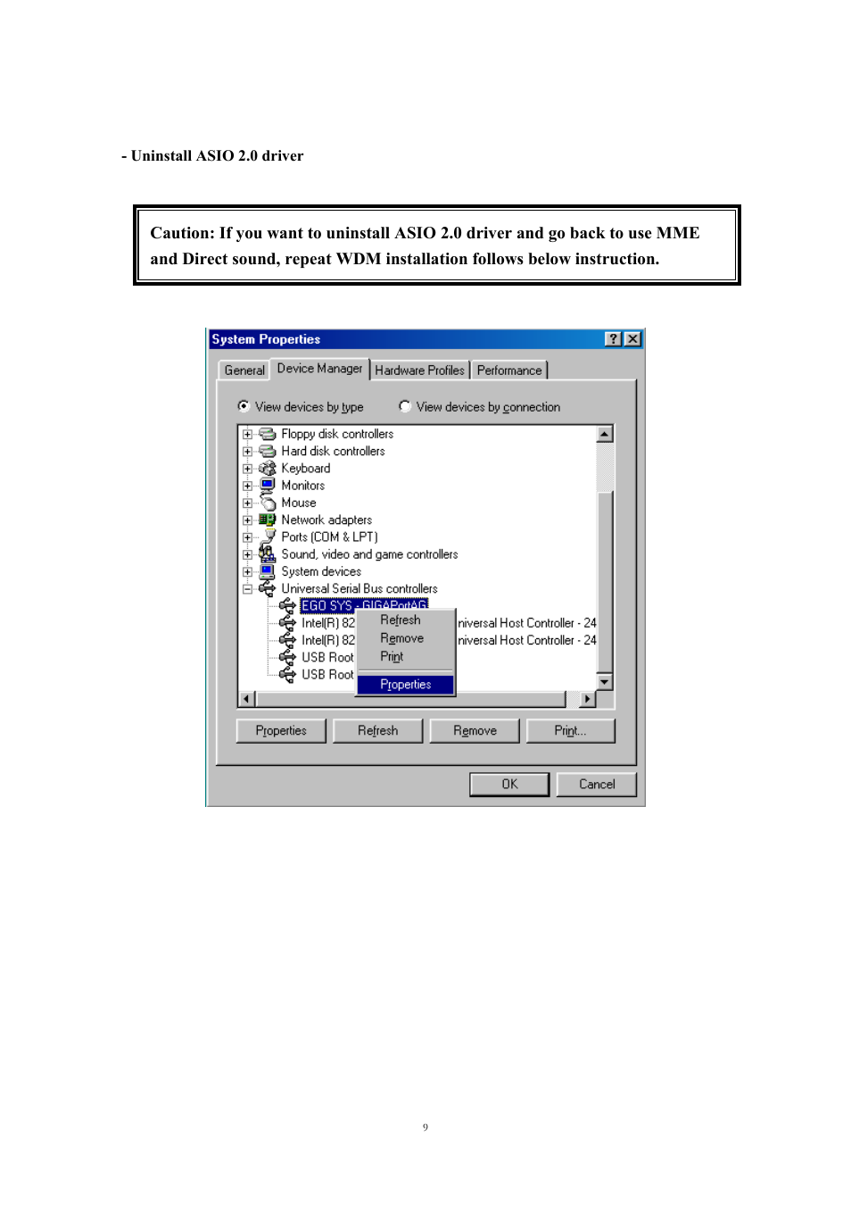 Uninstall asio 2.0 driver | ESI GIGAPort DG Installation User Manual | Page 9 / 13