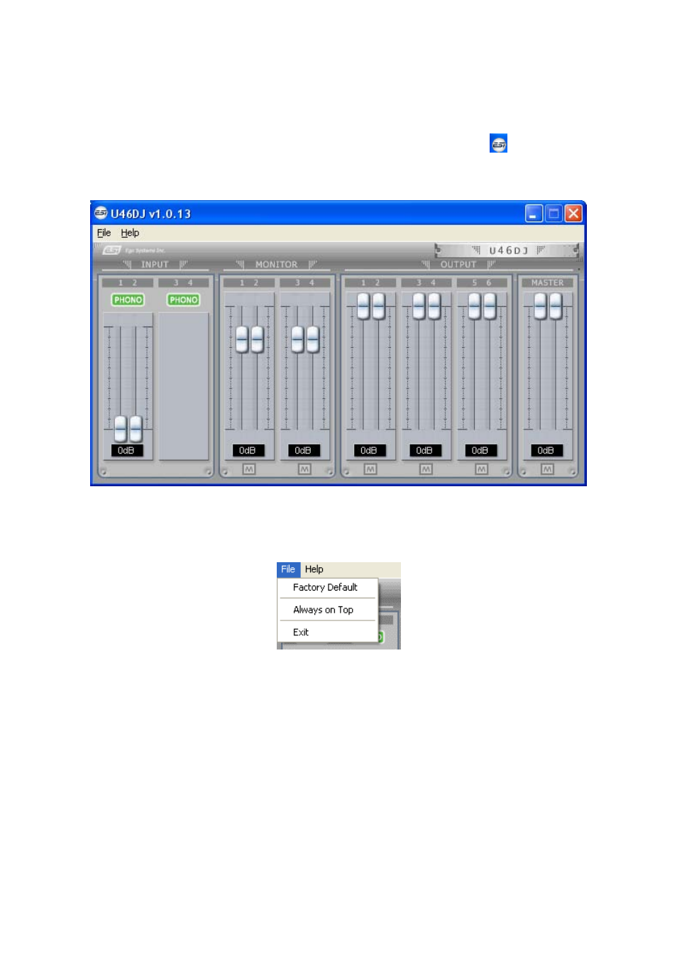 U46dj control panel, Pull down menu, 1) file – factory default | 2) file - always on top, 3) file - exit | ESI U46DJ User Manual | Page 12 / 24