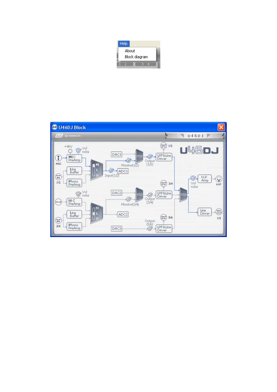 4) help – about, 5) help – block diagram | ESI U46DJ User Manual | Page 13 / 24