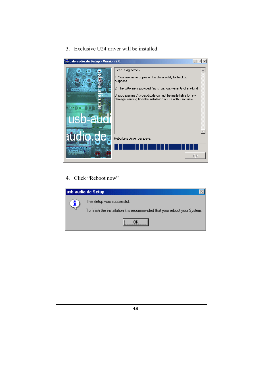 Exclusive u24 driver will be installed, Click “reboot now | ESI Waveterminal U24 User Manual | Page 14 / 60