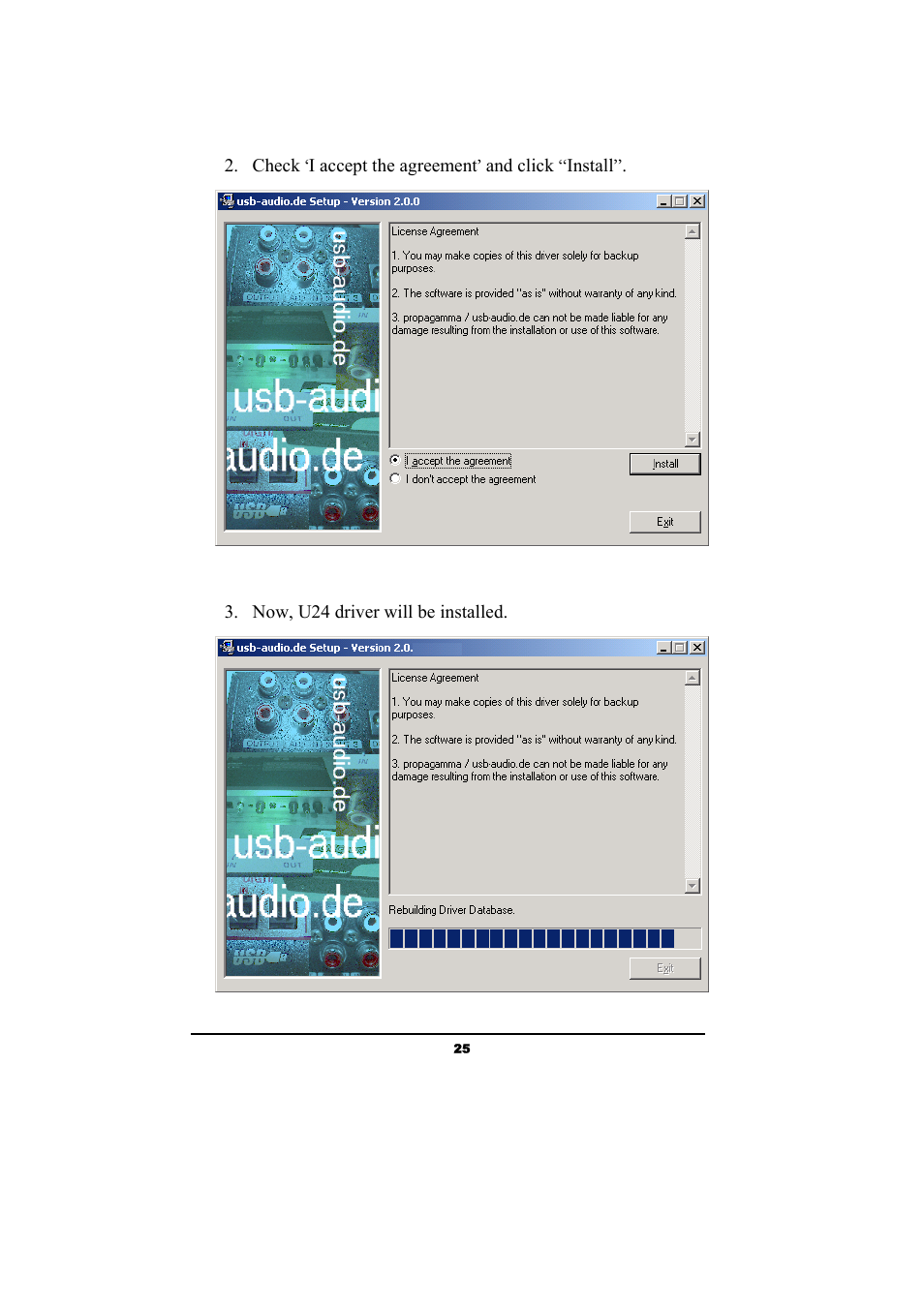 Check ‘i accept the agreement’ and click “install, Now, u24 driver will be installed | ESI Waveterminal U24 User Manual | Page 25 / 60