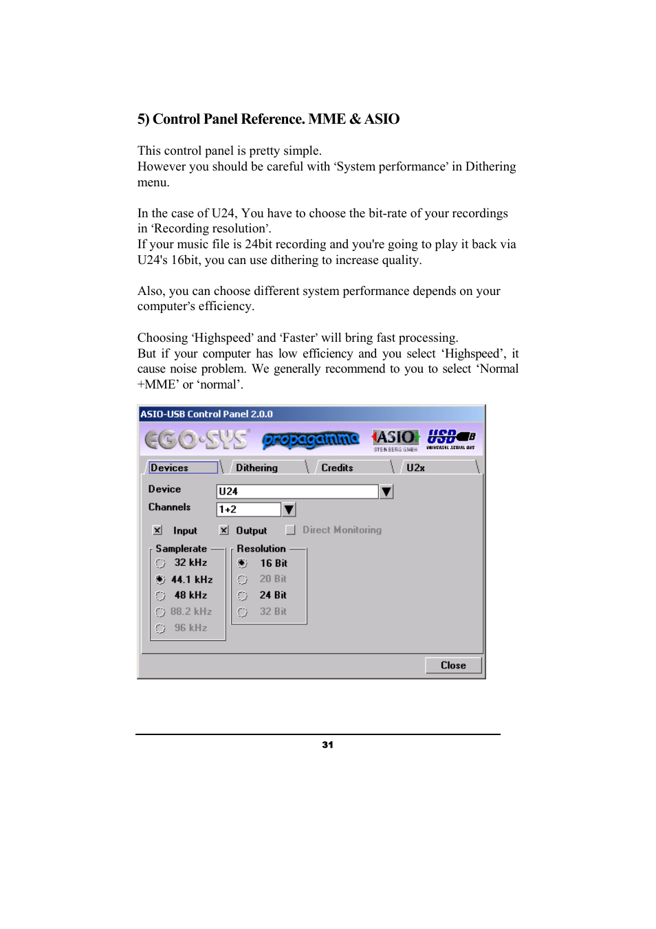 5) control panel reference. mme & asio | ESI Waveterminal U24 User Manual | Page 31 / 60