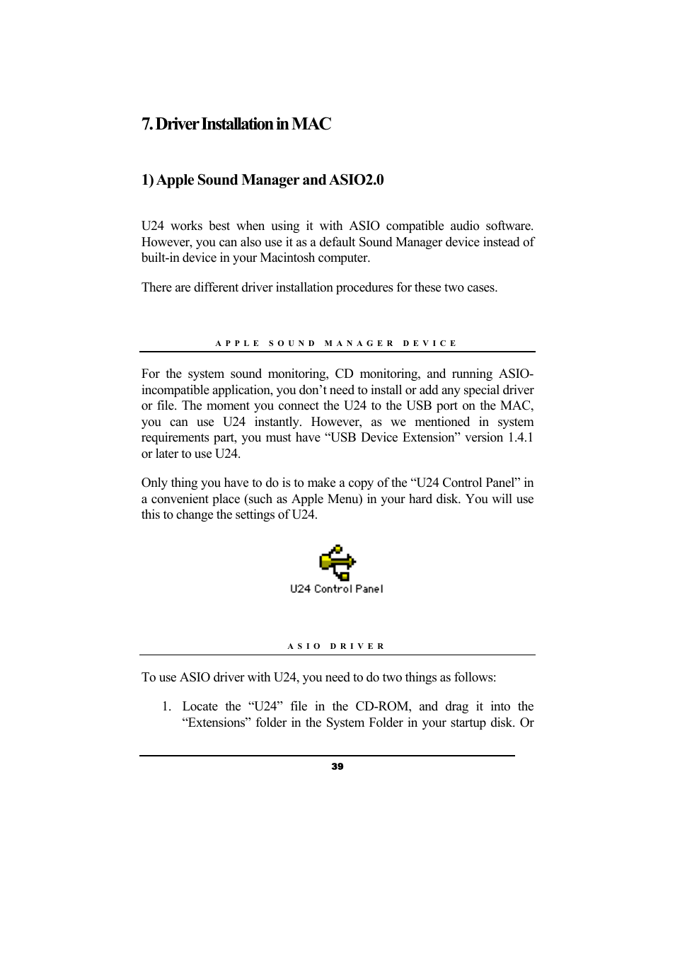 Driver installation in mac, 1) apple sound manager and asio2.0 | ESI Waveterminal U24 User Manual | Page 39 / 60