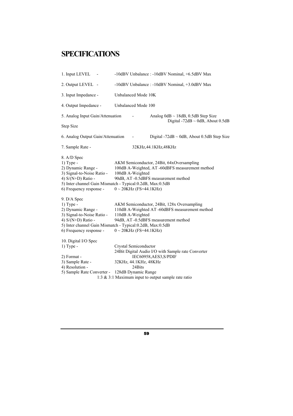 Specifications | ESI Waveterminal U24 User Manual | Page 59 / 60