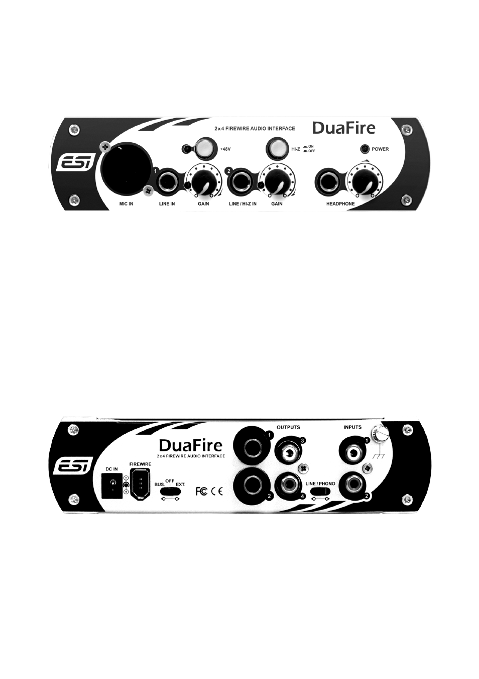 Description of duafire, 1 front panel, 2 rear panel | ESI DuaFire User Manual | Page 5 / 20