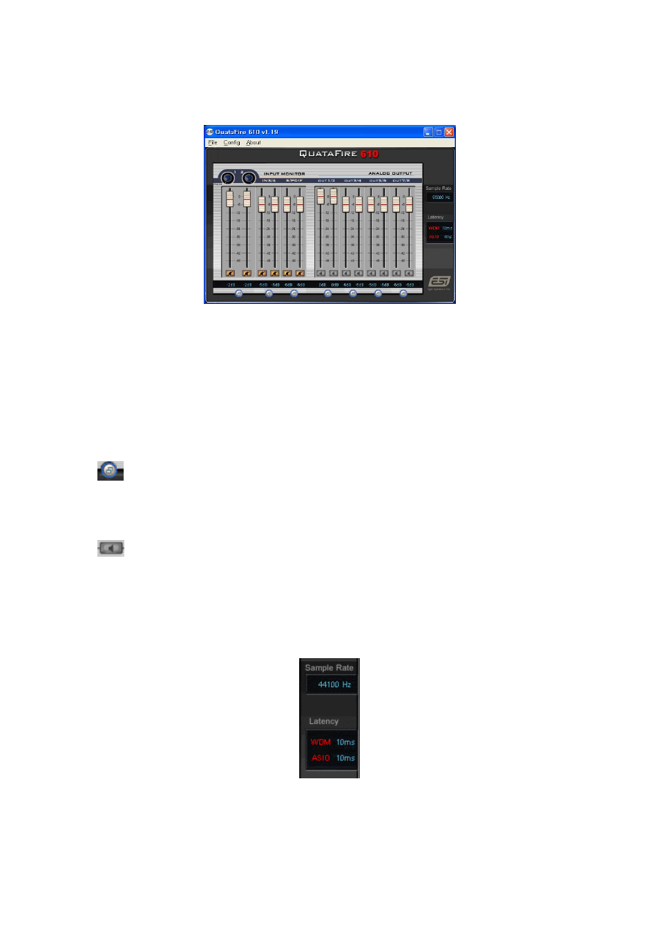 Level faders, Input monitor, Analog output | Link button, Mute button, Sample rate and latency | ESI QuataFire 610 User Manual | Page 15 / 28