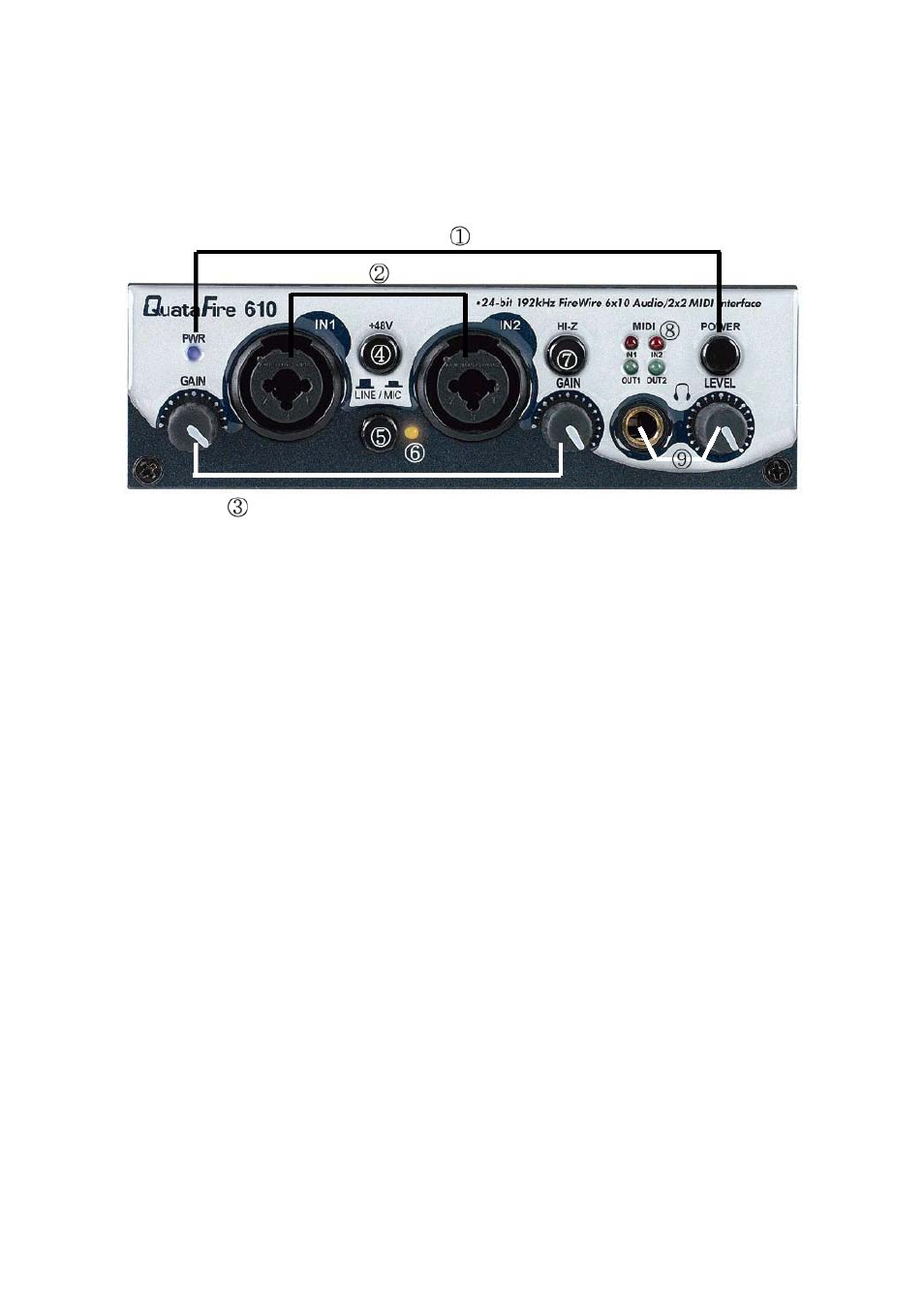 Description of quatafire 610, 1 front panel, 1) power switch and power led | 2) channel 1/2 input connectors, 3) channel 1/2 gain controls, 4) +48v phantom power switch, 5) line/mic selection switch | ESI QuataFire 610 User Manual | Page 4 / 28
