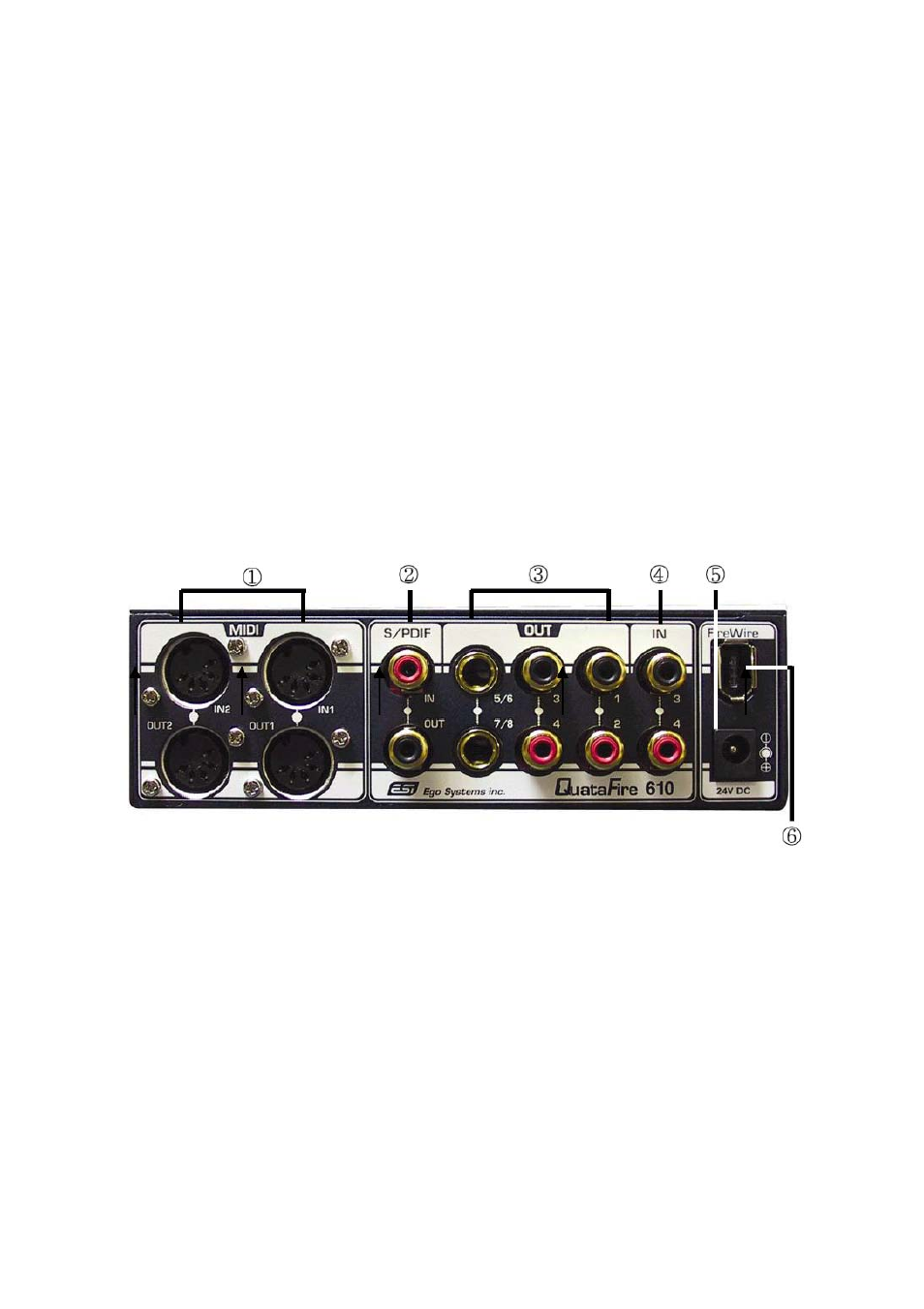 6) peak indicator led, 7) hi-z, 8) midi signal leds | 9) headphone connector and level control, Rear panel, 1) 2 midi input and 2 midi output connectors, 2) s/pdif coaxial input and output connectors, 3) analog outputs 1-8, 4) analog inputs 3/4 | ESI QuataFire 610 User Manual | Page 5 / 28