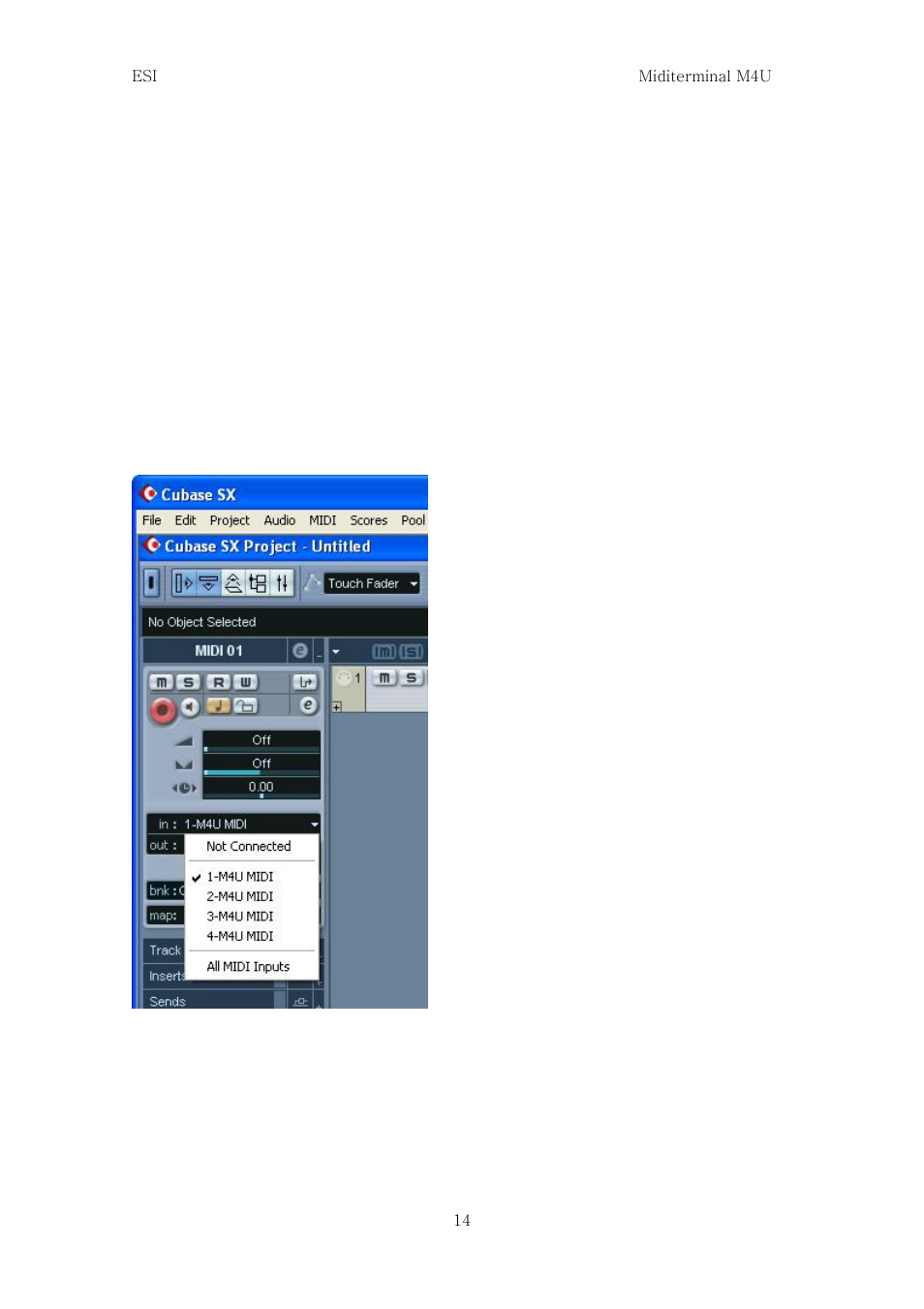 Setting in applications, 1) pc, Cubase sx | In cubase, set input and output as m4u midi | ESI M4U User Manual | Page 12 / 19
