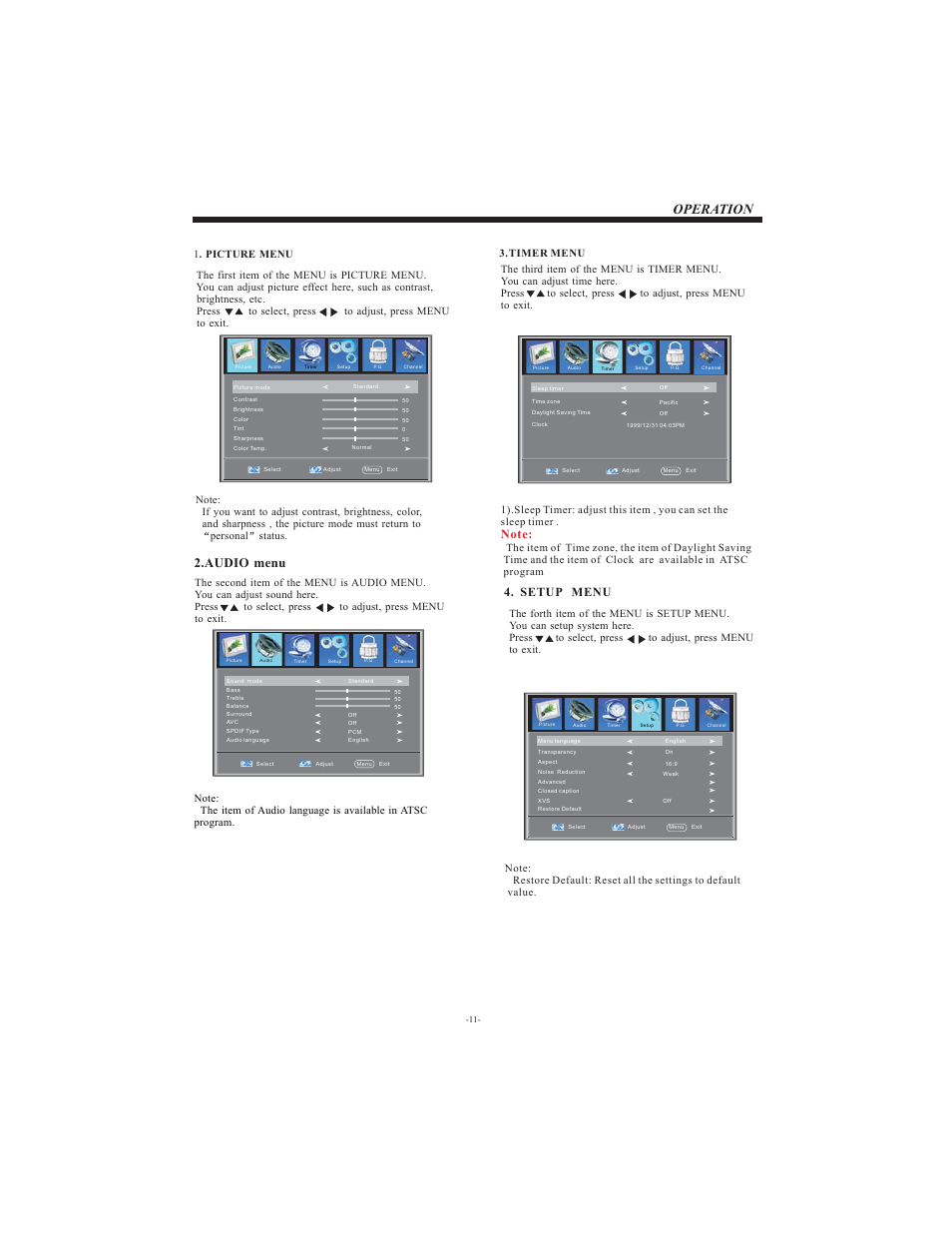 Operation, Audio menu | Curtis LCD2622A User Manual | Page 12 / 17