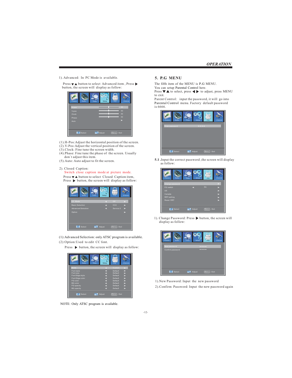 Operation, Menu p.g | Curtis LCD2622A User Manual | Page 13 / 17