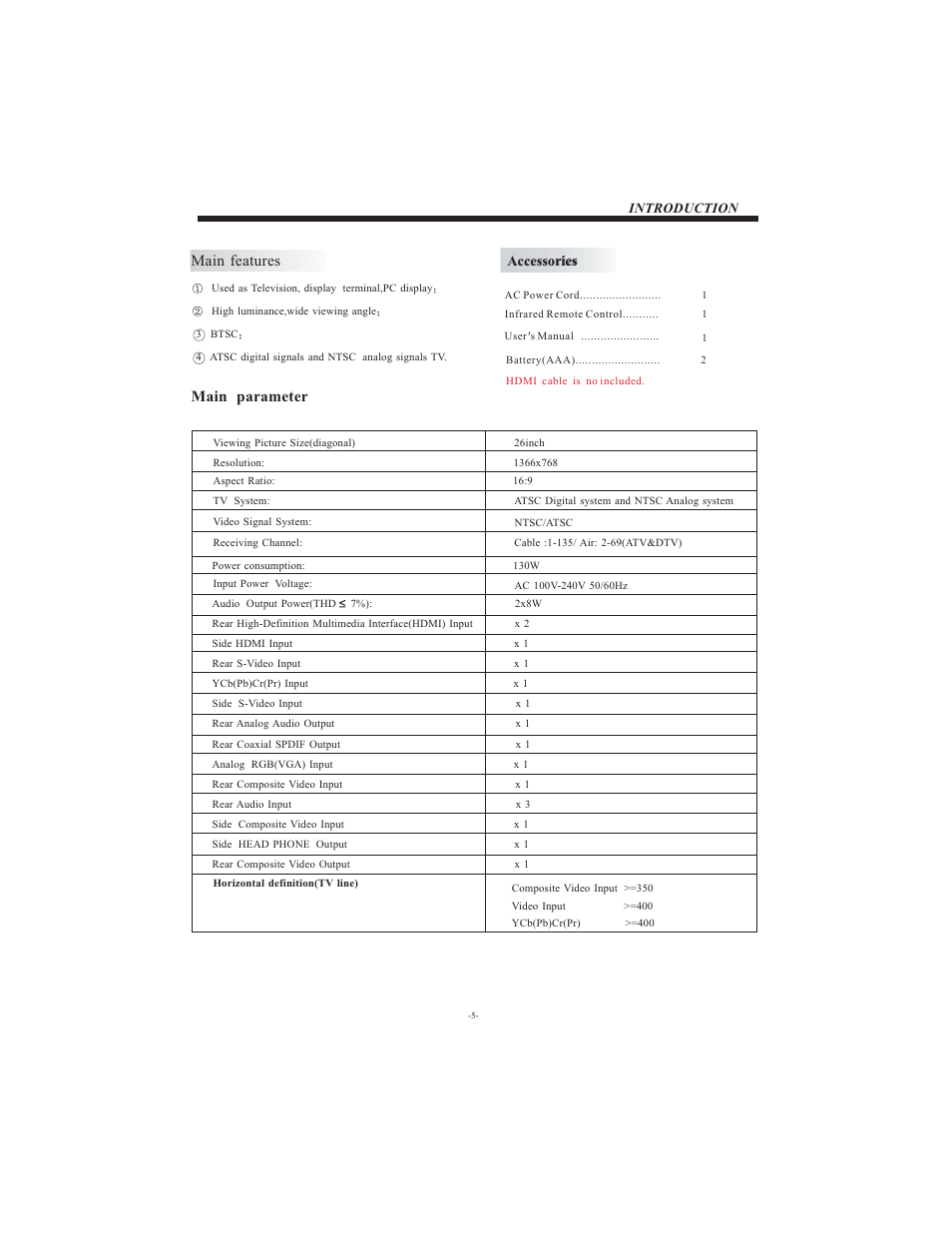 Main features, Main parameter, Introduction | Accessories | Curtis LCD2622A User Manual | Page 6 / 17
