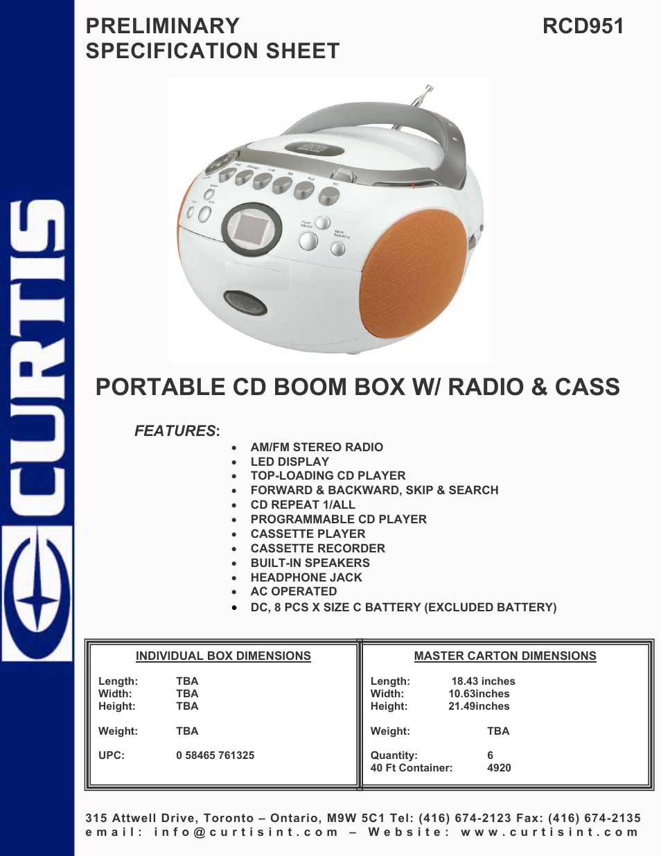 Curtis RCD951 User Manual | 1 page