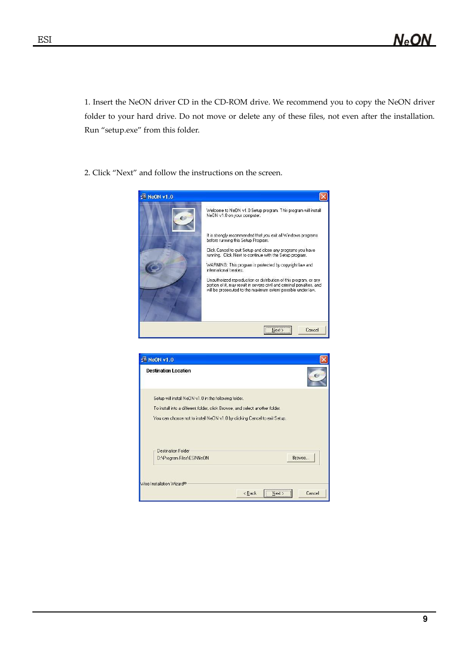 Pc installation | ESI NeON User Manual | Page 9 / 32