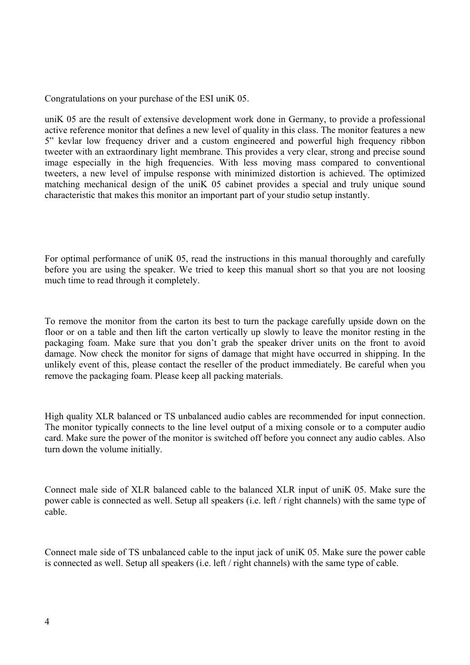 Introduction, Basics & installation | ESI uniK 05 User Manual | Page 4 / 10