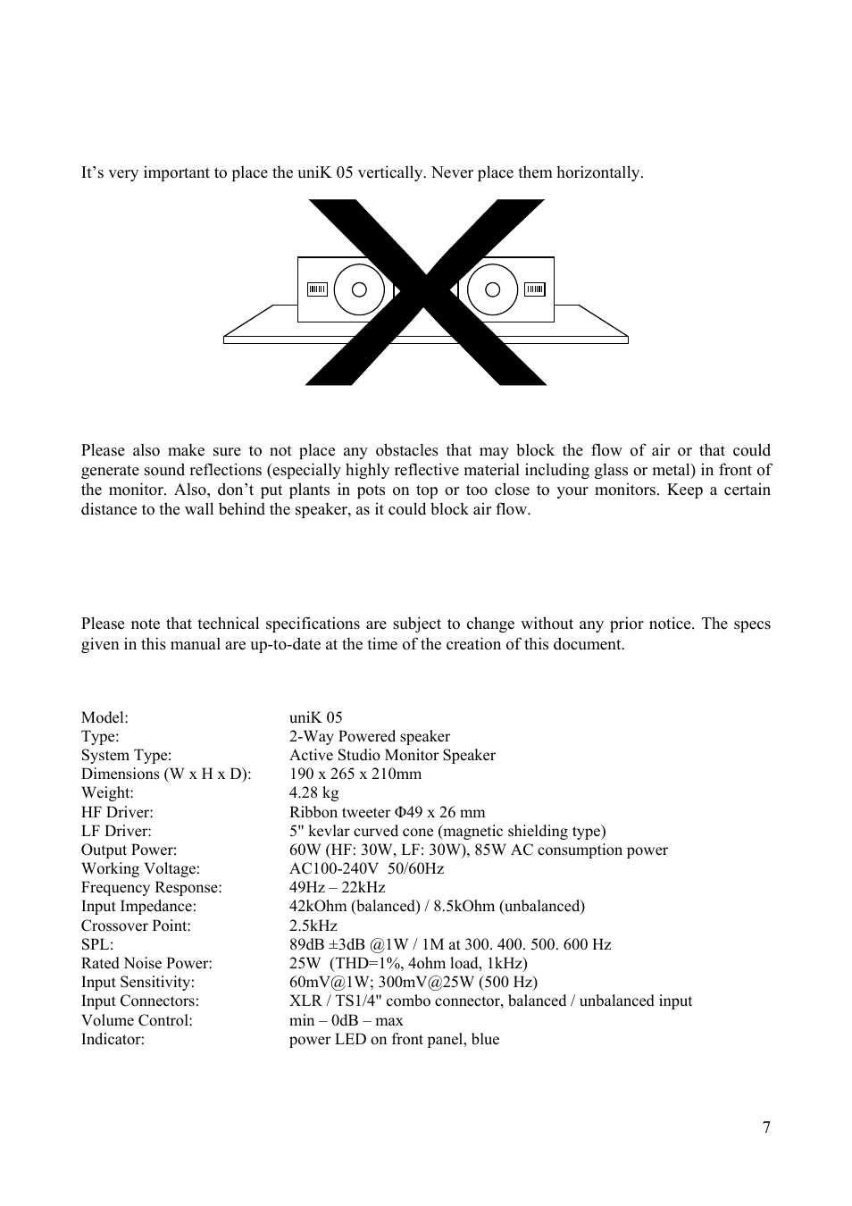 Technical data | ESI uniK 05 User Manual | Page 7 / 10