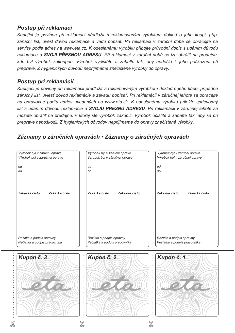 Postup při reklamaci, Postup pri reklamácii, Kupon č. 3 kupon č. 1 kupon č. 2 | ETA Bolero User Manual | Page 107 / 108