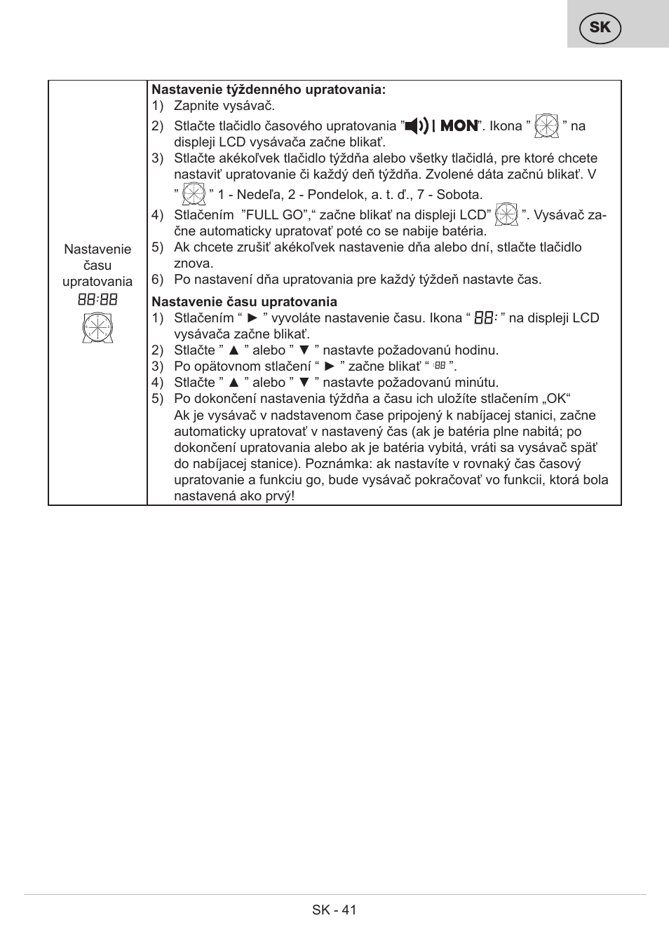 Sk - 41, Nastavenie času upratovania | ETA Bolero User Manual | Page 41 / 108