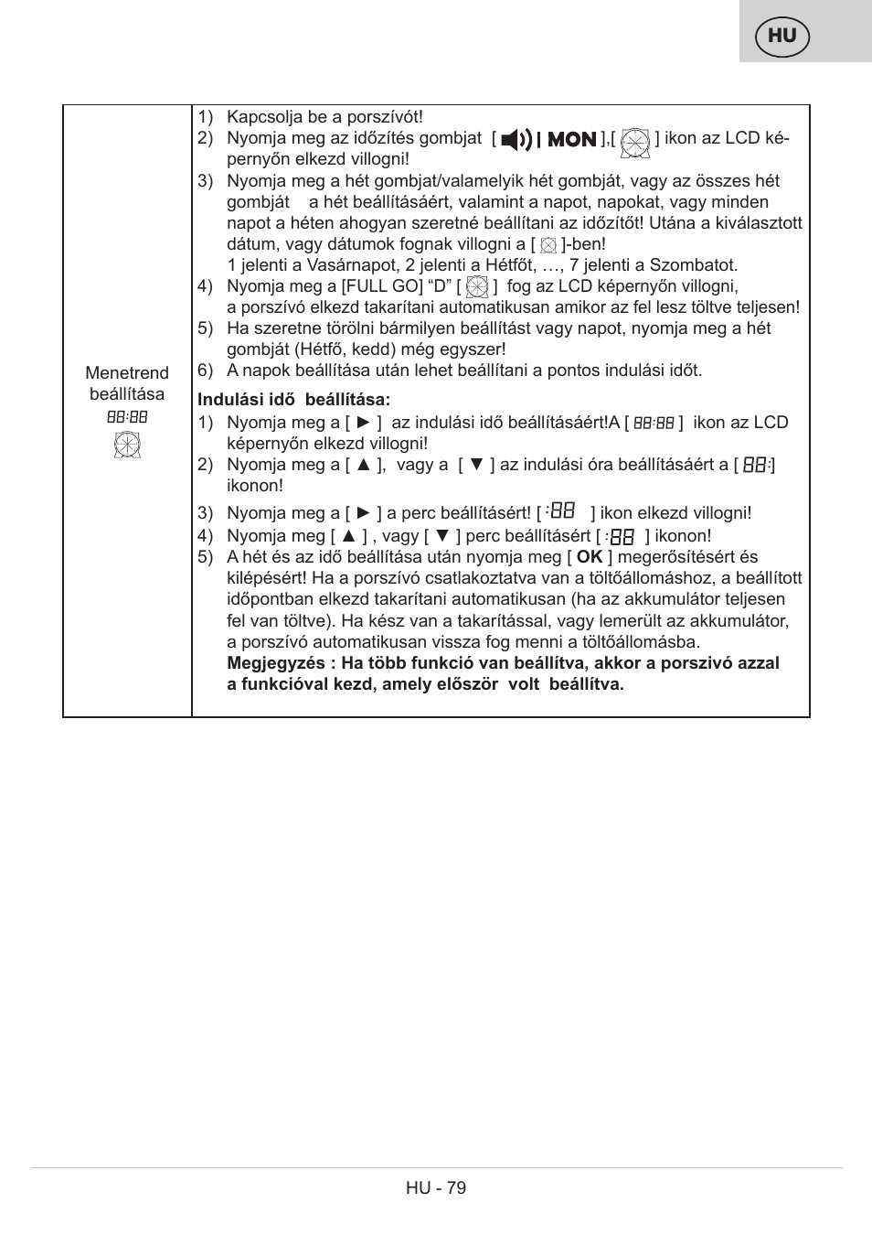 Hu - 79, Menetrend beállítása | ETA Bolero User Manual | Page 79 / 108