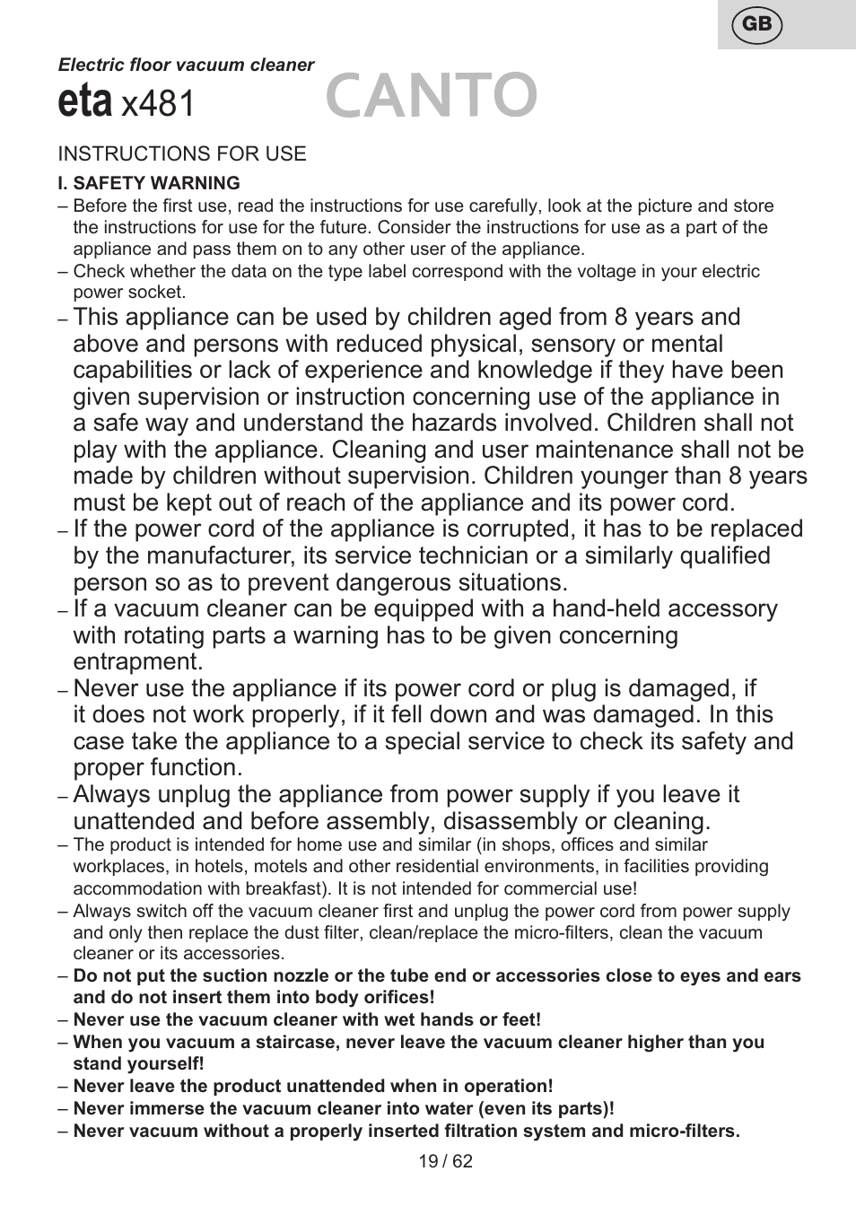 X481 | ETA Canto User Manual | Page 19 / 68